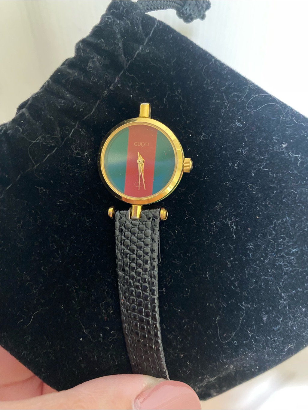 Vintage 80s Gucci Gold-Tone Watch With Red And Green Stripe Dial And Black Strap